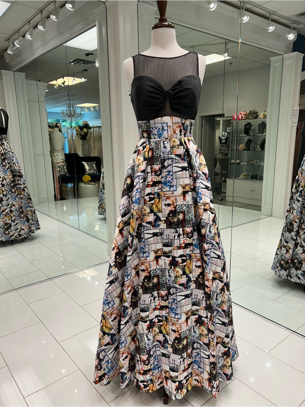 Temptations Black Sheer Bodice Multi-Color Photo-Print A-Line Prom Dress
